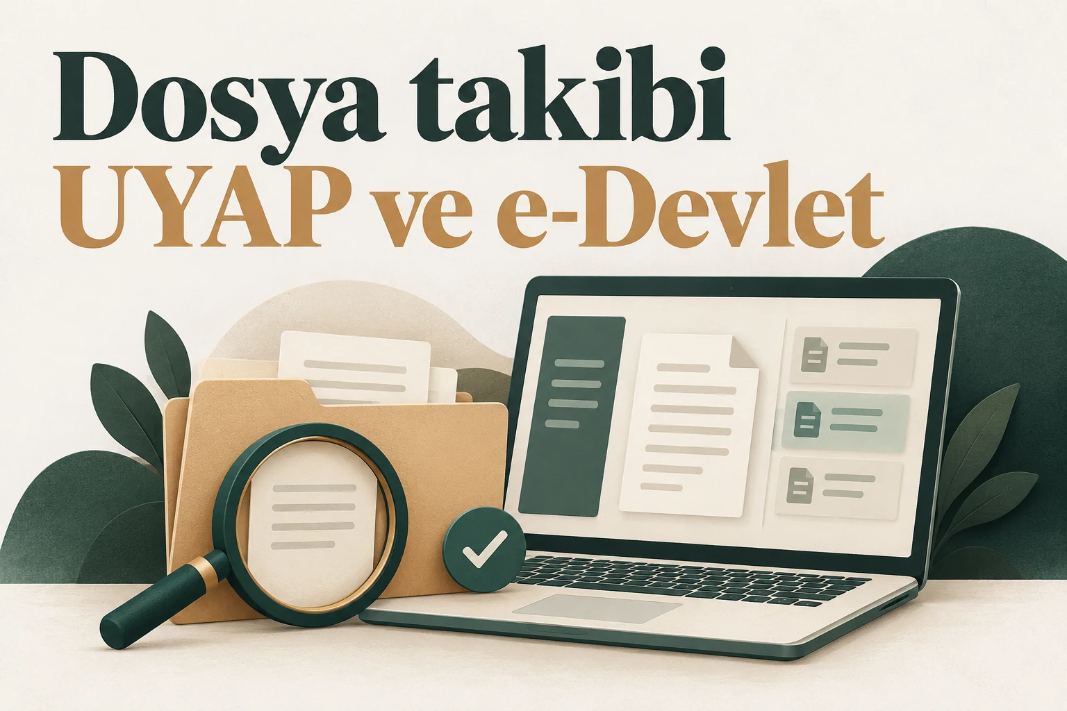 UYAP ve e-Devlet ile dosya takibini simgeleyen bilgisayar, klasör ve büyüteç.